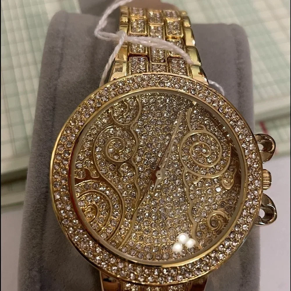 Hip Hop CZ Stone Paved Gold Stainless Steel Sparkling with Rhinestones Unisex